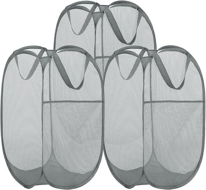 BATTOO 3 Pack Collapsible Laundry Basket Strong Mesh Pop Up Laundry Hamper for Laundry Foldable Hampers with Side Pocket Reinforced Handles for Bathroom, Kids Room, College Dorm or Travel Grey