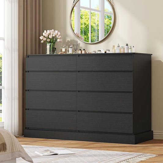 DICTAC 8 Drawers Dresser for Bedroom, Black Large Chest of Drawers, Long Modern Double Dressers, Big Clothing Storage Organizer Closet with Ample Space, 51.6''L x 15.7''D x 37.7''H