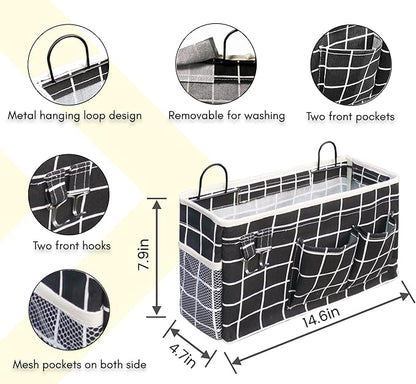 2pcs Large Wall Hanging Organizer Bag, Linen Fabric Door Hanging Storage Baskets with Pockets, Waterproof Bin for Kitchen, Bedroom, Office, RV Camper (Black)
