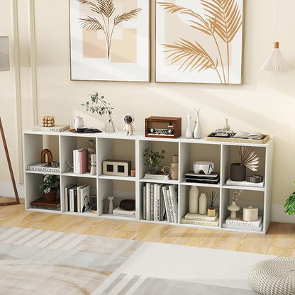 Giantex 6-Cube Bookcase, White Cubby Bookshelf w/Back Guardrail & Anti-Tipping Kits, 9-Tier Freestanding Storage Organizer with Shelves, Open Back Display Rack for Living Room, Bedroom, Study