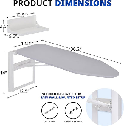 Ivation Wall-Mounted Ironing Board With Storage Shelf, Foldable 36.2” x 12.2”, Fold Down Ironing Station for Home, Apartment &, Easy-Release Lever, Removable Cotton Cover & Dorms, Hardware Included