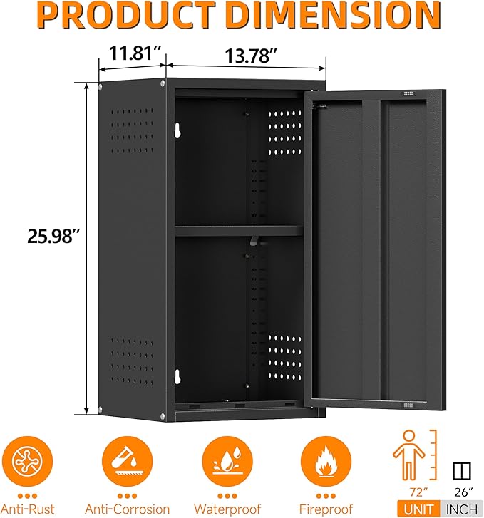 Metal Garage Wall Cabinet with 1 Door, 13.78'' Wide Wall Mounted Tool Cabinets for Garage, Basement, Warehouse, Kitchen, Bathroom, Home Office, Black, Assembly Required