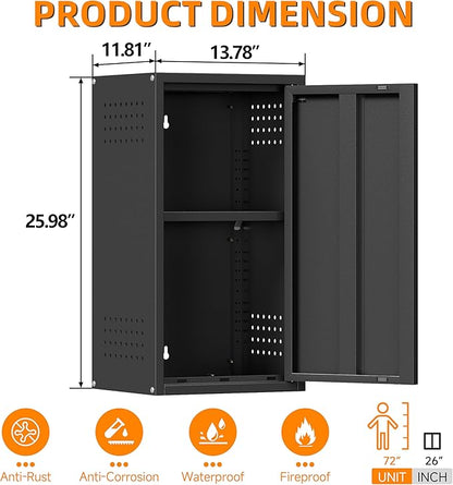 Metal Garage Wall Cabinet with 1 Door, 13.78'' Wide Wall Mounted Tool Cabinets for Garage, Basement, Warehouse, Kitchen, Bathroom, Home Office, Black, Assembly Required