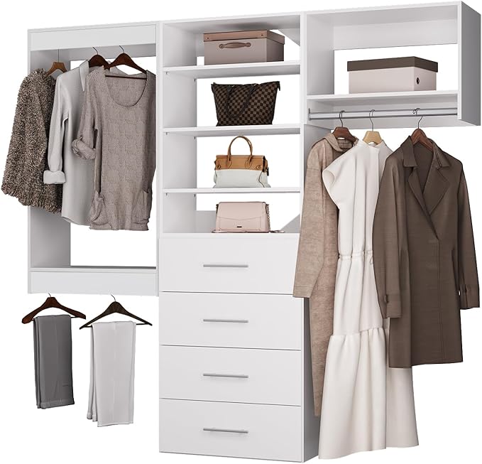 ROOMTEC Modular Closet System, 78" Wall Mounted Closet Organizer with Hanging Rods and Drawers, Modern Wooden Tower for Walk-In Closets, Wardrobe Storage Kit, White