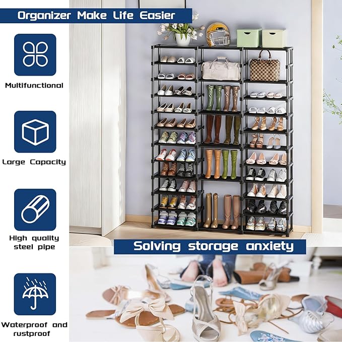 Mavivegue 3 Row 12 Tiers Shoe Rack, Large Storage Space, Metal Shoe Rack Organizer for Entryway, Closet, Bedroom, Garage,Black