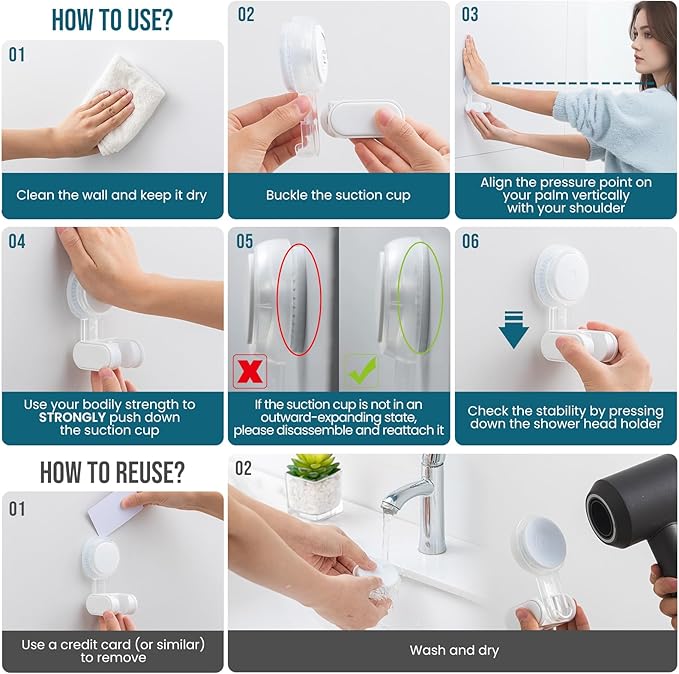TAILI Shower Head Holder Suction Cup, Handheld Shower Head Bracket, Height Angle Adjustable Wall Mounted, Bathroom Showerhead Holder No Drilling Removable Waterproof,Matte white