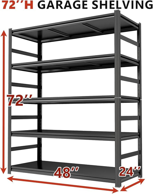 Garage Shelving, 72" H × 48" W Heavy Duty Metal Shelving - Easy to Assemble, Adjustable 5-Tier Storage Shelves, Double-Thickened Columns, 3000 lbs Capacity, for Garage, Pantry Storage, Black