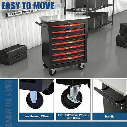 7-Drawer Rolling Tool Chest with Stainless Steel Countertop,Tool Chest with Secure Locking System,Mobile Storage Tool Cabinet with 360°Wheels and Padded Feet,for Home,Garage (Black+Red)