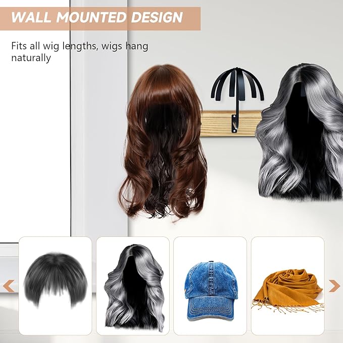 Hanging Wig Stand for Multiple Wigs, 6 PCS Wall Mounted Wig Hanger Holder, Durable Wig Storage Organizer Rack for Display, Storage, Styling, Drying (Carbon Steel and Wood)