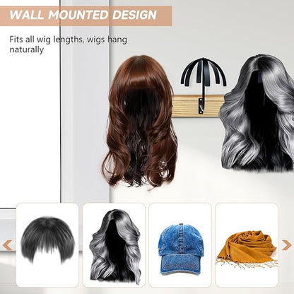 Hanging Wig Stand for Multiple Wigs, 6 PCS Wall Mounted Wig Hanger Holder, Durable Wig Storage Organizer Rack for Display, Storage, Styling, Drying (Carbon Steel and Wood)