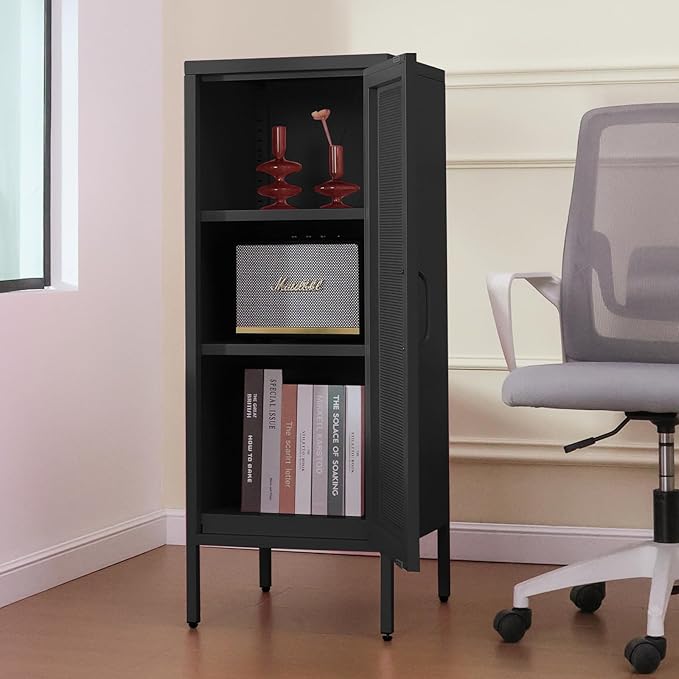 Slim Metal Storage Cabinet with Mesh Doors - 42'' Tall Narrow Organizer Tower, Compact Freestanding Cabinet, Versatile Utility Storage for Home, Office, Bedroom, or Kitchen, Durable and Modern Design
