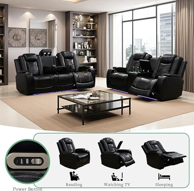 Living Room Furniture Sets, Power Reclining Breathing Leather Living Room Set Black Sofa and Loveseat with 4 Recliner Seats/Storage Console/Cup Holder/LED Light/USB Port for Apartment, Office