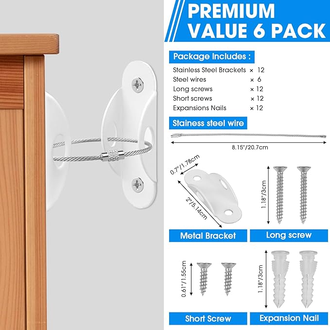 Guirnd 6 Pack Furniture Anchors, Anti Tip Furniture Anchors for Baby Proofing, Metal Earthquake Straps Furniture Straps Wall Anchor for Dresser and Bookcase (White)