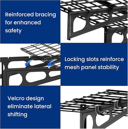 FLEXIMOUNTS 2-Pack 2x6ft Garage Shelving with Hooks, 24-inch-by-72-inch Wall Shelf Garage Storage Racks Floating Shelves, Black, Classic Series