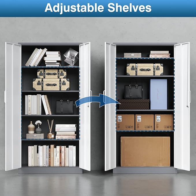 Metal Garage Storage Cabinet, 71-inch Tall Cabinet with Adjustable Shelves & Locking Doors, Tool Cabinets for Garage,Office,Home,School,Gym (Grey White)