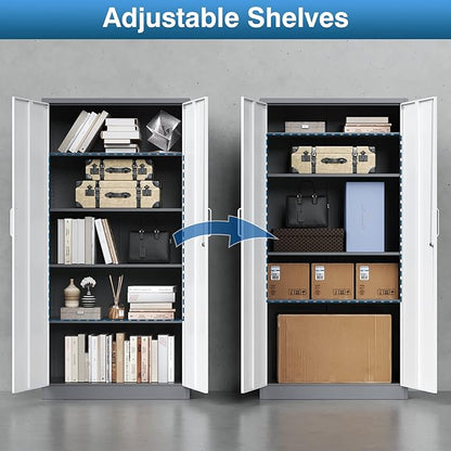 Metal Garage Storage Cabinet, 71-inch Tall Cabinet with Adjustable Shelves & Locking Doors, Tool Cabinets for Garage,Office,Home,School,Gym (Grey White)
