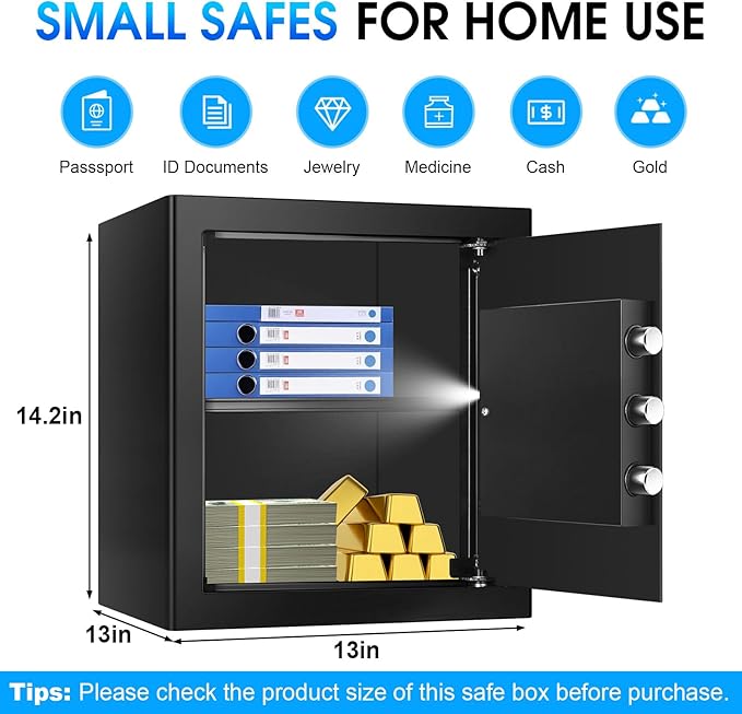 2.3 Cuft Fire Proof Safe for Home Documents Use, Small Home Safes Water and Fireproof with Digital Keypad and Spare Key, Removable Shelf, Steel Personal Fireproof Safety Box for Documents Cash, Money