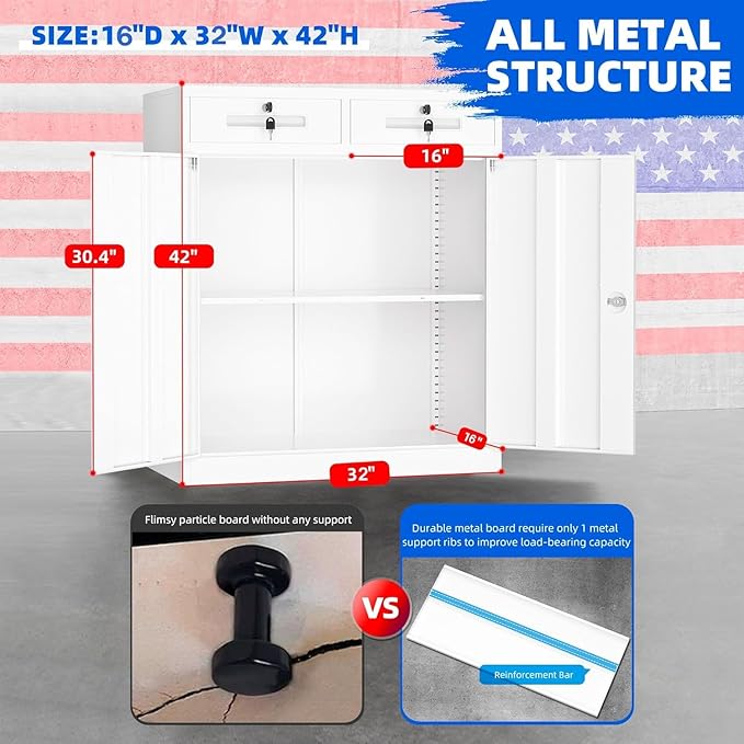 INTERGREAT Metal Garage Storage Cabinet, 36" Locking Counter Cabinet with 2 Locking Doors and 2 Adjustable Shelves, Small Steel Cabinet for for Home Office, Gym, School(White)