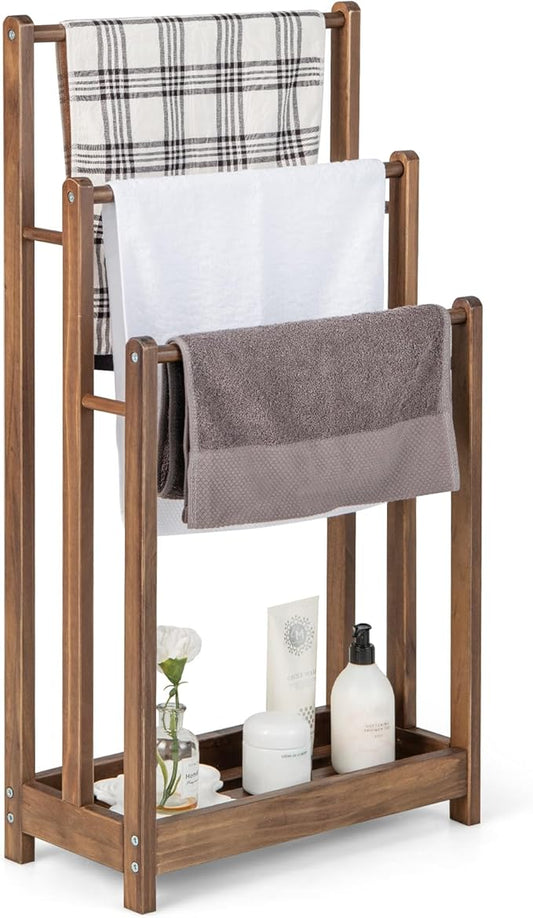 Giantex Towel Rack for Bathroom - 3 Tier Freestanding Towel Racks with Storage Shelf, Wood Hand Towel Drying Stand, Blanket Holder for Living Room, Laundry Room, 18" L x 9" W x 34" H (Rustic Brown)