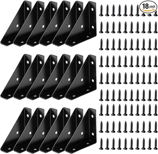 Corner Brace Brackets,18Pcs 66mm x 66mm Corner Braces for Wood, Metal Corner Brackets, Triangle Shelf Bracket, Black Angle Bracket, Corner Desk Connector for Bed, Table, Cabinet
