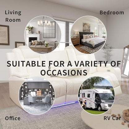 Creamy White Power Reclining Sofa for Living Room, Living Room Furniture Sets, Power Recliner Breathing Leather Sofa with 2 Recliner Seats/Cup Holder/LED Light/USB Port for Office, Rv Car