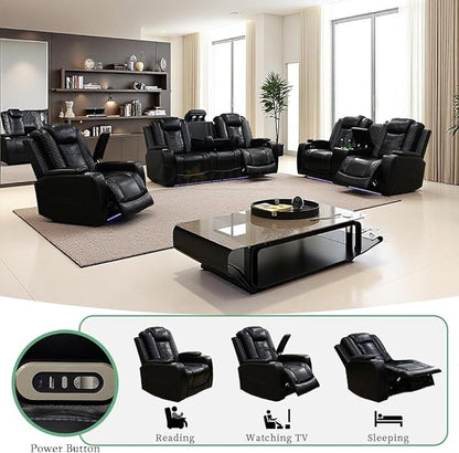 Living Room Furniture Sets, Black Leather Power Reclining Sofa Set, Power Sofa Loveseat and Chair with 5 Recliner Seats/Storage Console/Cup Holder/LED Light/USB Port for Living Room