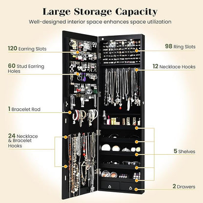 Giantex Wall Door Mounted Jewelry Armoire Cabinet with 47.5" H Full Length Mirror, 2 LEDs Lockable Jewelry Organizer Box with Bracelet Rod, 2 Drawers, Large Storage Capacity (Black)