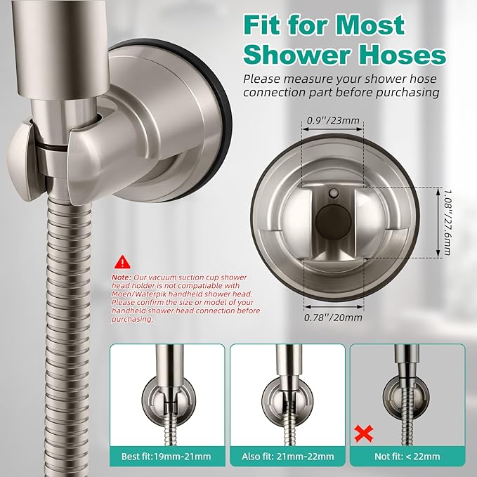 Hibbent Vacuum Suction Cup Shower Head Holder, Removable Shower Head Bracket, Height Adjustable Wall Mount ABS Plastic Suction Holder for Handheld Showerhead, Brushed Nickel