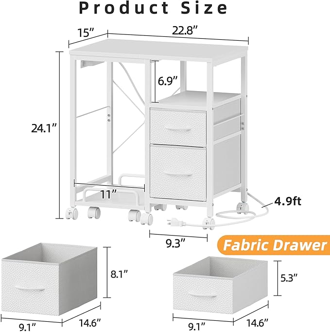YAOHUOO Printer Stand with Power Outlet/Fabric Drawers, Printer Cabinet with Storage Shelf and Rolling Shredder Stand, Printer Table for Home Office, 22.8"×15" White