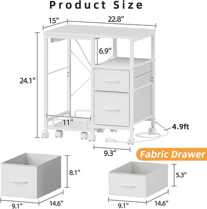 YAOHUOO Printer Stand with Power Outlet/Fabric Drawers, Printer Cabinet with Storage Shelf and Rolling Shredder Stand, Printer Table for Home Office, 22.8"×15" White