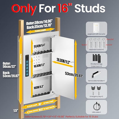Grimtron Quick Access White Wall Safe with Removable Pegboard & Shelfs, Flat Hidden In Wall Safes Between the Studs 16" Centers, Wall Mount Safe for Cash, Valuables, Document, Gifts for Men and Women