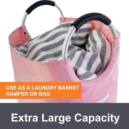 Mziart Large Laundry Basket with Padded Handles, Oxford Fabric Laundry Hamper Tall Laundry Bag Clothes Hamper Laundry Bin Storage Organizer for Bedroom Bathroom College Dorm (90L Pink)