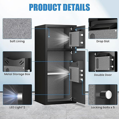7.0 Cu ft Safe Box Fireproof Waterproof,with LED Light fire proof safe Box for home documents,password personal Fingerprint Safes with Deposit Slot & Dual Alarm System，Security Box fo Valuables