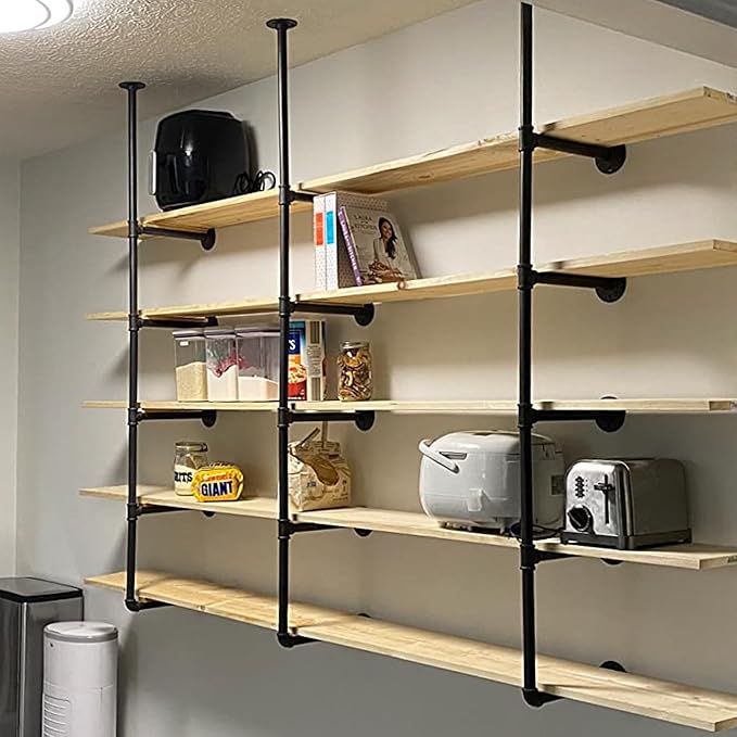 HITOMEN Industrial Iron Pipe Shelves, 2 Set 4-Tier 57.5" Tall 12" Depth, DIY Open Bookshelf Bookcase, Wall Mounted Vintage Retro Shelving, Rustic Farmhouse Pantry Kitchen Storage, Black Shelf Brackets