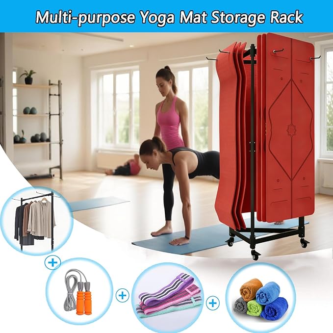 YTLEMON Yoga Mat Holder Hanging, Floor Rolling Yoga Mat cart, Large Capacity Storage Rack, with Includes Hole Punch, Metal Square Tube Storage Shelf for Home Gym,Fitness Club,Yoga Studio (Black B)