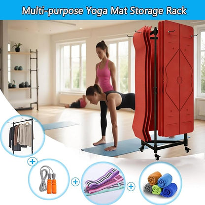 YTLEMON Yoga Mat Holder Hanging, Floor Rolling Yoga Mat cart, Large Capacity Storage Rack, with Includes Hole Punch, Metal Square Tube Storage Shelf for Home Gym,Fitness Club,Yoga Studio (Black B)