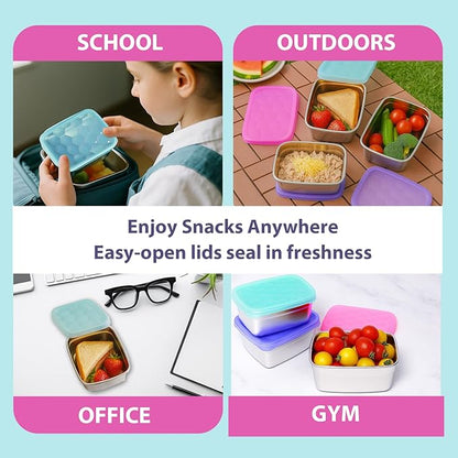 3-Pack Stainless Steel Snack Containers for Kids & Toddlers - 550ml (18oz) Leakproof Reusable Food Containers with LFGB Certified Lids | Stackable Metal Lunch Box for Daycare, School, Travel