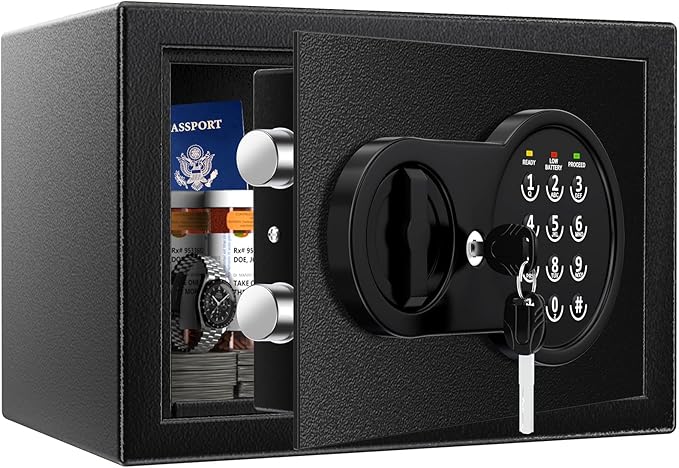 Safe Box with Fireproof Waterproof Bag, Home Safe with Keys & Pass Code & Wall Mount Kits, Money Safe with Smart Alert System for Money, Jewelry, and Documents, 0.5 Cu ft