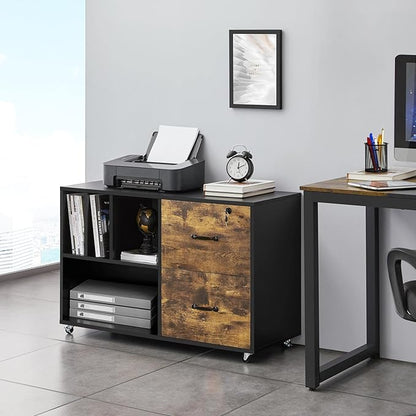 Yaheetech File Cabinets Large Rolling Filing Cabinet Printer Stand on Wheels for Home Office,with 4 Open Storage Shelves,Letter Size A4 Size,Black/Rustic Brown