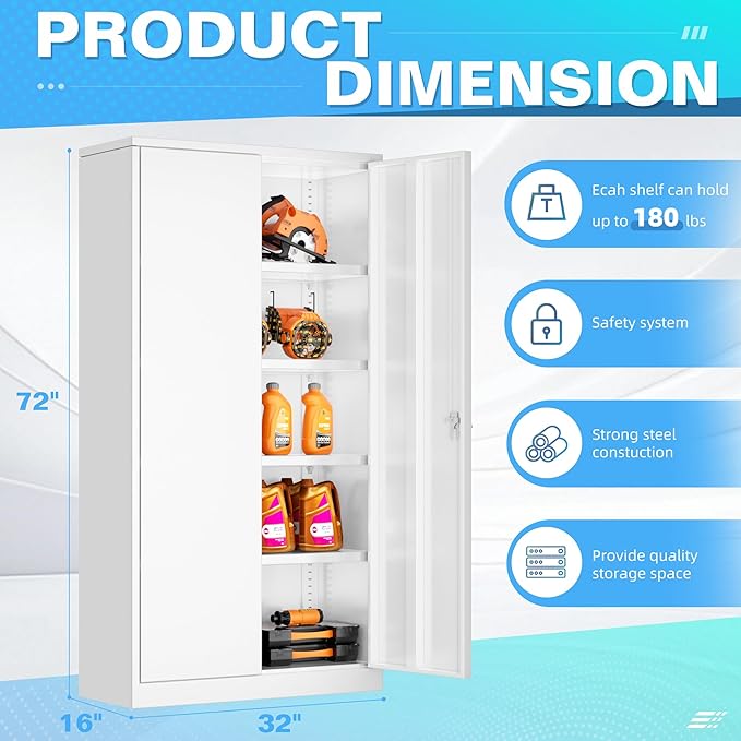 Bonusall Metal Garage Cabinets with 2 Door and 4 Shelves, Locking Cabinet with for Storage，Tall Garage Storage Cabinets for Home Office, Warehouse，School(White)