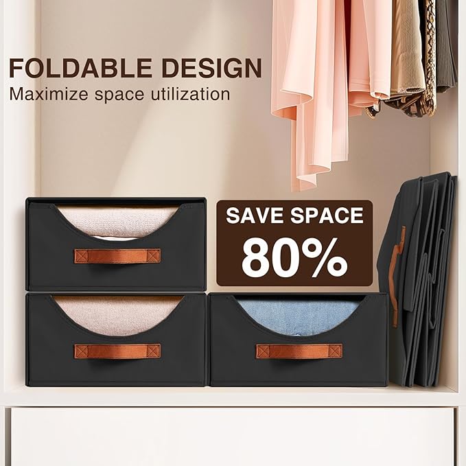 Stackable Storage Drawers - Large Collapsible Storage Bins with Drawers, 8 Pack Closet Shelf Organizer Basket, Fabric Pull Out Organizer for Bedroom, Living Room, Dorm, Black