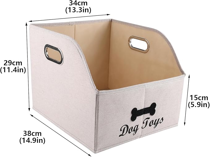 Geyecete Big Dog Toys Storage Bins Canvas Foldable Fabric Trapezoid with metal handles pet Baskets,Can be Personalized,Storage Bin Large toy box Organizer-KhakiStripe