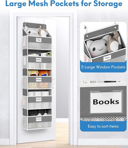 Over The Door Organizer Hanging, 5 Shelf Behind The Doors Storage, Pantry Door Organizer, Closet Organizers for Bedroom and Nursery (Dark Grey)