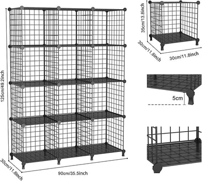 12-Cube Storage Organizer, Metal Wire Cube Shelving Unit, 11.8" L x 11.8" W x 11.8" H, Modular Grid Bookshelf for Closet, Bedroom, Office, Black ATTJL12B