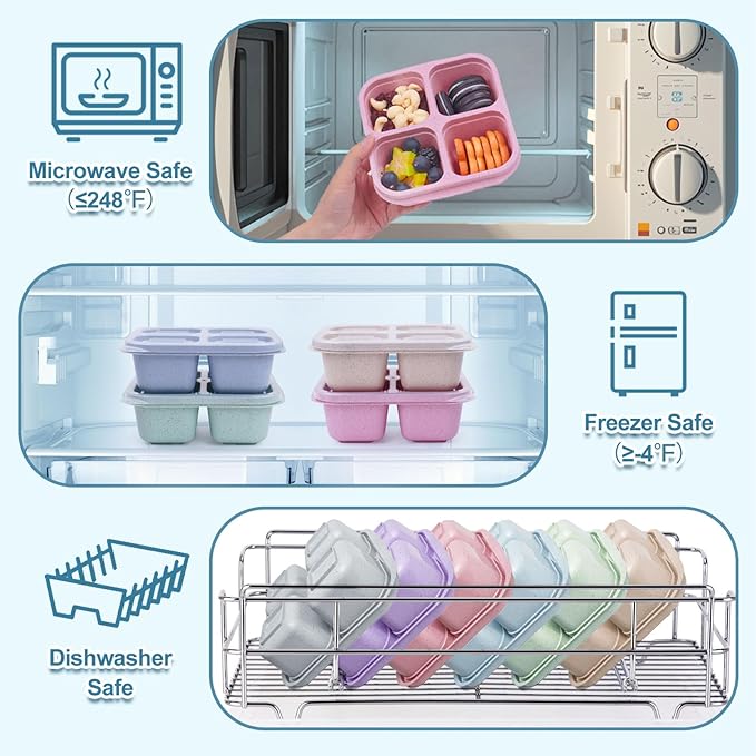 Snack Containers (4 Pack), 4 Compartments Snackle Box Container, Meal Prep Reusable Lunchable Container for Adults, Microwave Dishwasher Safe, Stackable Bento Snack Boxes for Work, Travel