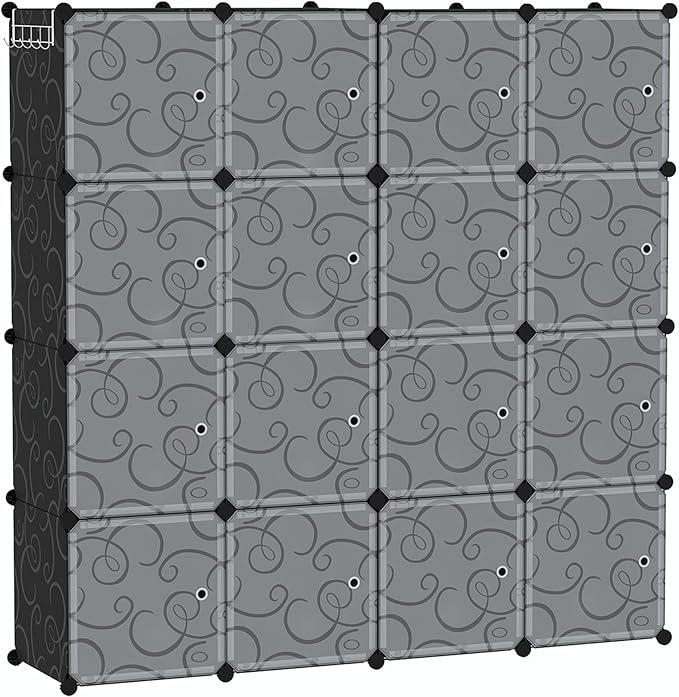 C&AHOME Cube Storage Organizer, 16-Cube Storage Shelving with Doors, Modular Book Shelf, Plastic Shelves Organizing Units, Ideal for Bedroom Living Room 48.4" L × 12.4" W × 48.4" H Black SHS3016B-DOOR