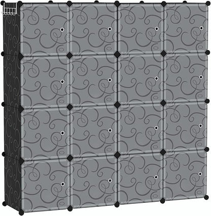 C&AHOME Cube Storage Organizer, 16-Cube Storage Shelving with Doors, Modular Book Shelf, Plastic Shelves Organizing Units, Ideal for Bedroom Living Room 48.4" L × 12.4" W × 48.4" H Black SHS3016B-DOOR