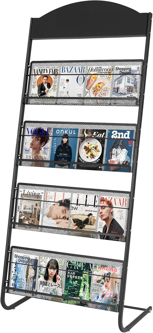 4-Tier Magazine Display Rack, 24.8" Wide Iron Brochure & Newspaper Stand