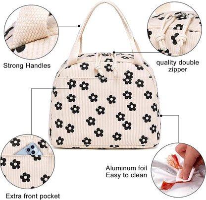 Bluboon Lunch Bag for Women Men Cute Corduroy Lunch Tote Bags Reusable Insulated Lunch Box Large Capacity Reusable Insulated Cooler for Work Picnic or Travel (Corduroy floral)