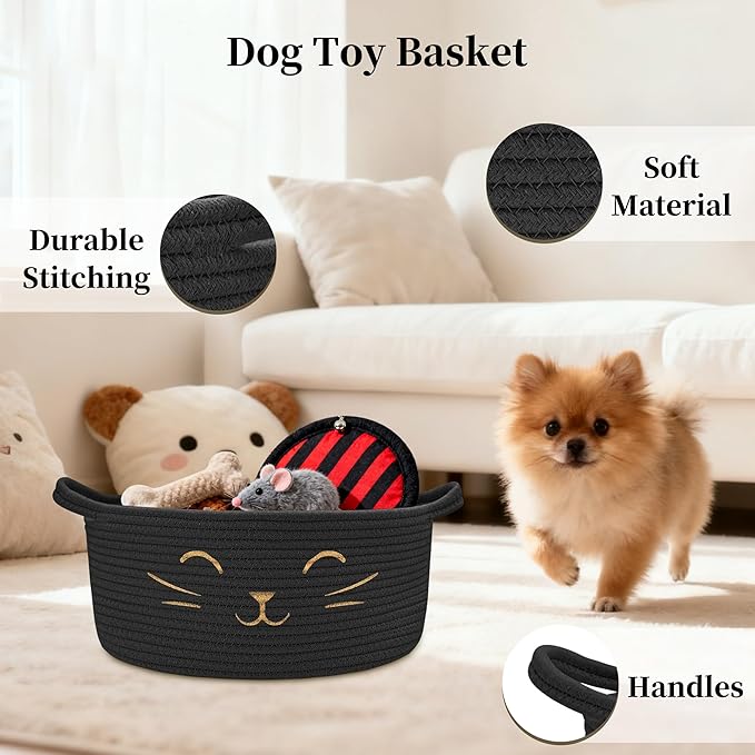 Large Cat Toy Basket - Gift Baskets Empty for Baby Shower Baby Baskets for Nursery Cute Woven Rope Storage Basket for Home Décor , Dog Toy Basket Black Boo Easter basket, 13" D x 6" H